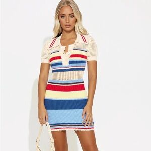 Cream Striped Knit Polo Mini Dress